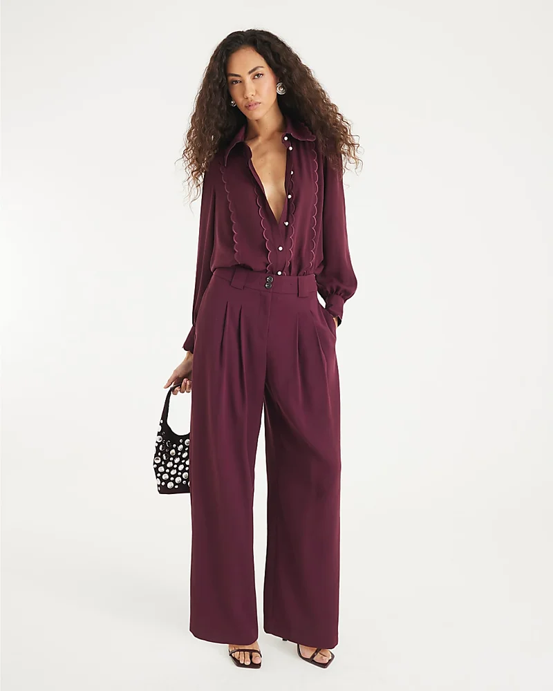Red Scallop Trim Chiffon Shirt