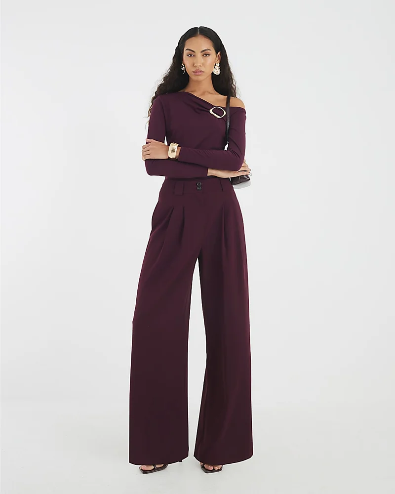 Red Wide Leg Tailored Trousers