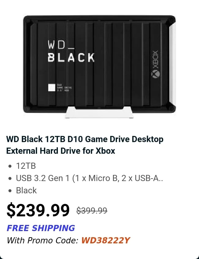 WD Black 12TB D10 Game Drive Desktop External Hard Drive for Xbox