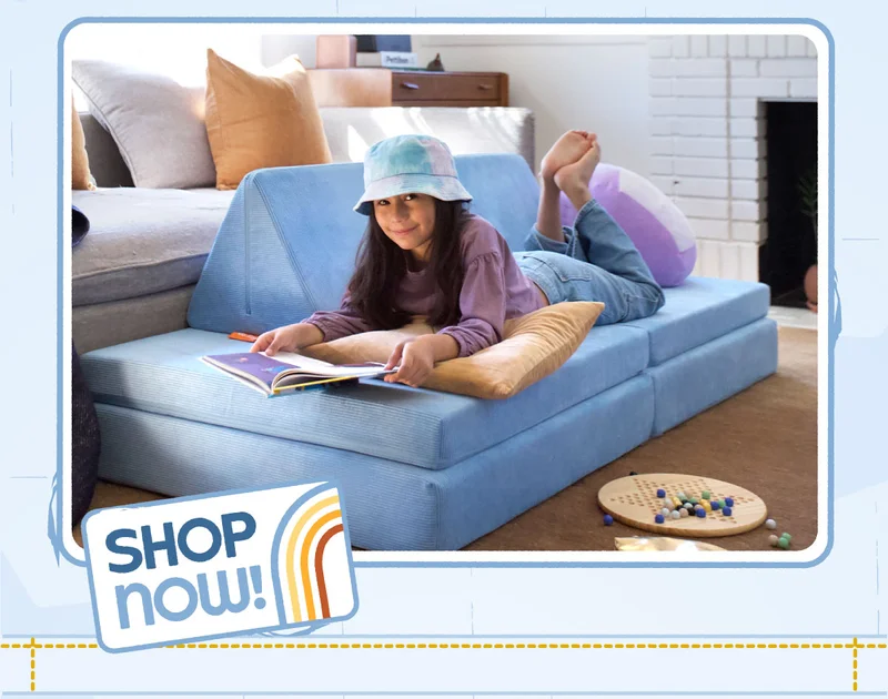 A child reads on their Nugget, featured in our newest color Bellbottom!