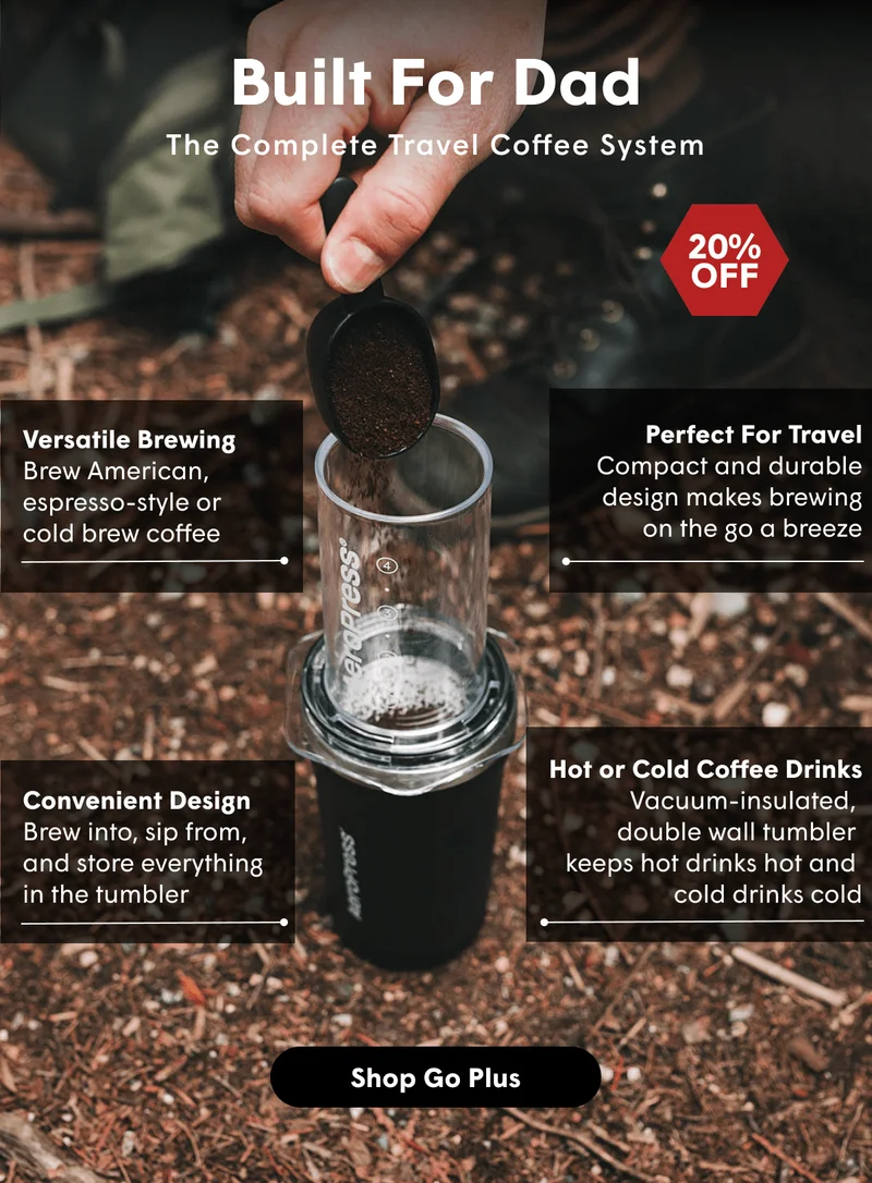 Built For Dad The Complete Travel Coffee System Versatile Brewing Brew American, espresso-style or  cold brew coffee Perfect For Travel Compact and durable design makes brewing on the go a breeze Hot or Cold Coffee Drinks  Vacuum-insulated,  double wall tumbler  keeps hot drinks hot and  cold drinks cold [SHOP GO PLUS]