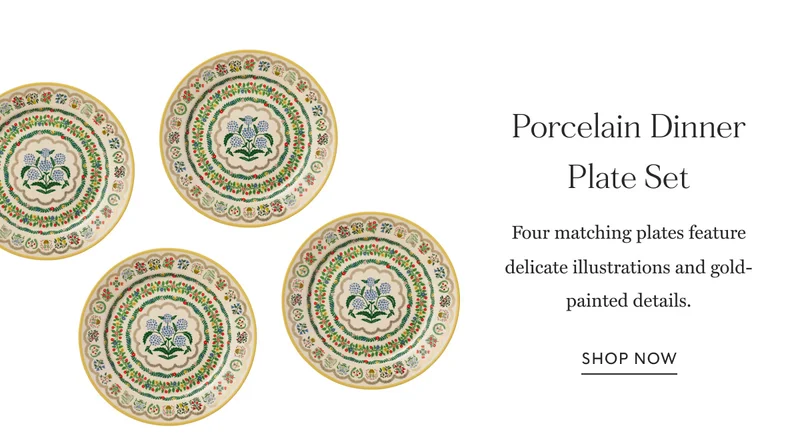 Porcelain Dinner Plate Set Four matching plates feature delicate illustrations and gold-painted details. Shop Now