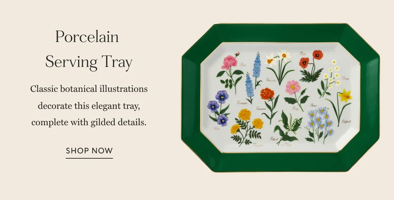 Porcelain  Serving Tray Classic botanical illustrations decorate this elegant tray, complete with gilded details. Shop Now