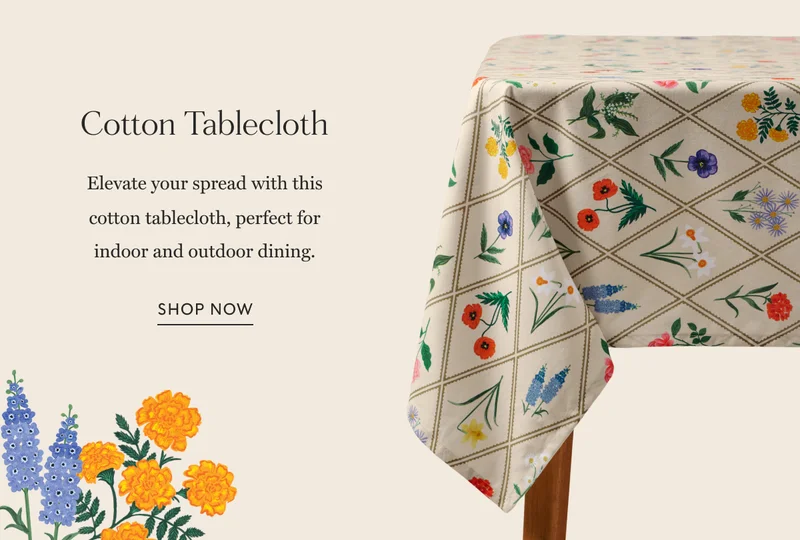 Cotton Tablecloth Elevate your spread with this cotton tablecloth, perfect for indoor and outdoor dining. Shop Now