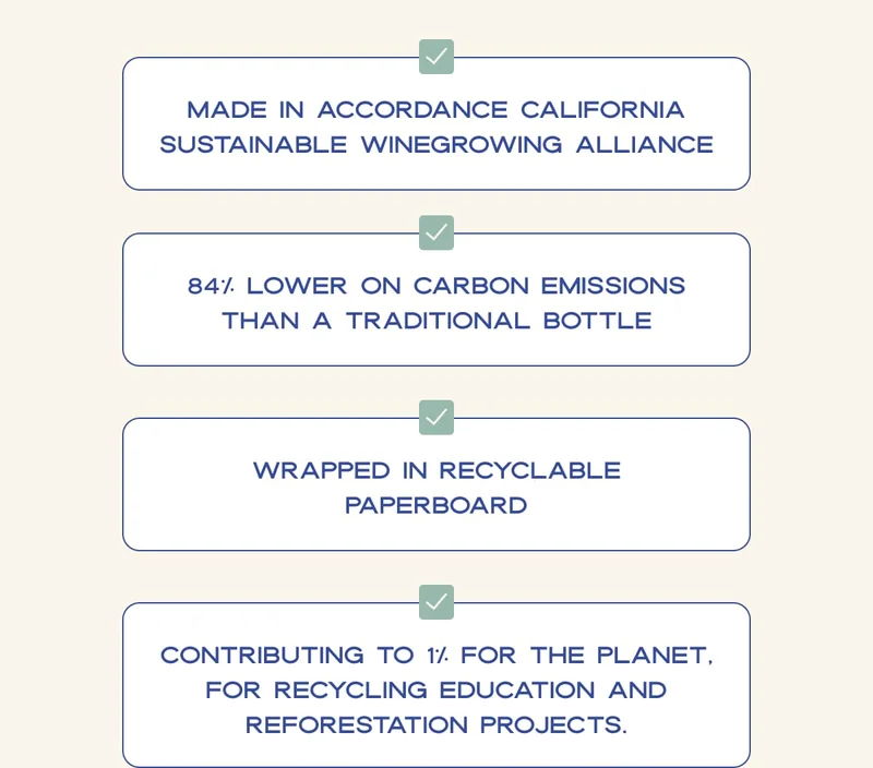 Made in accordance California Sustainable Winegrowing Alliance | 84% lower on carbon emissions than a traditional bottle | Wrapped in recyclable paperboard | Contributing to 1% For The Planet, for recycling education and reforestation projects.