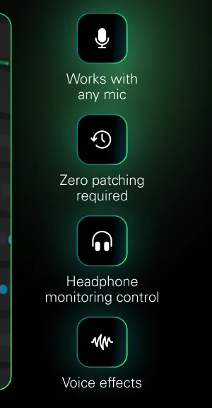 Works with any mic, Zero patching required, Headphone monitoring control, Voice effects