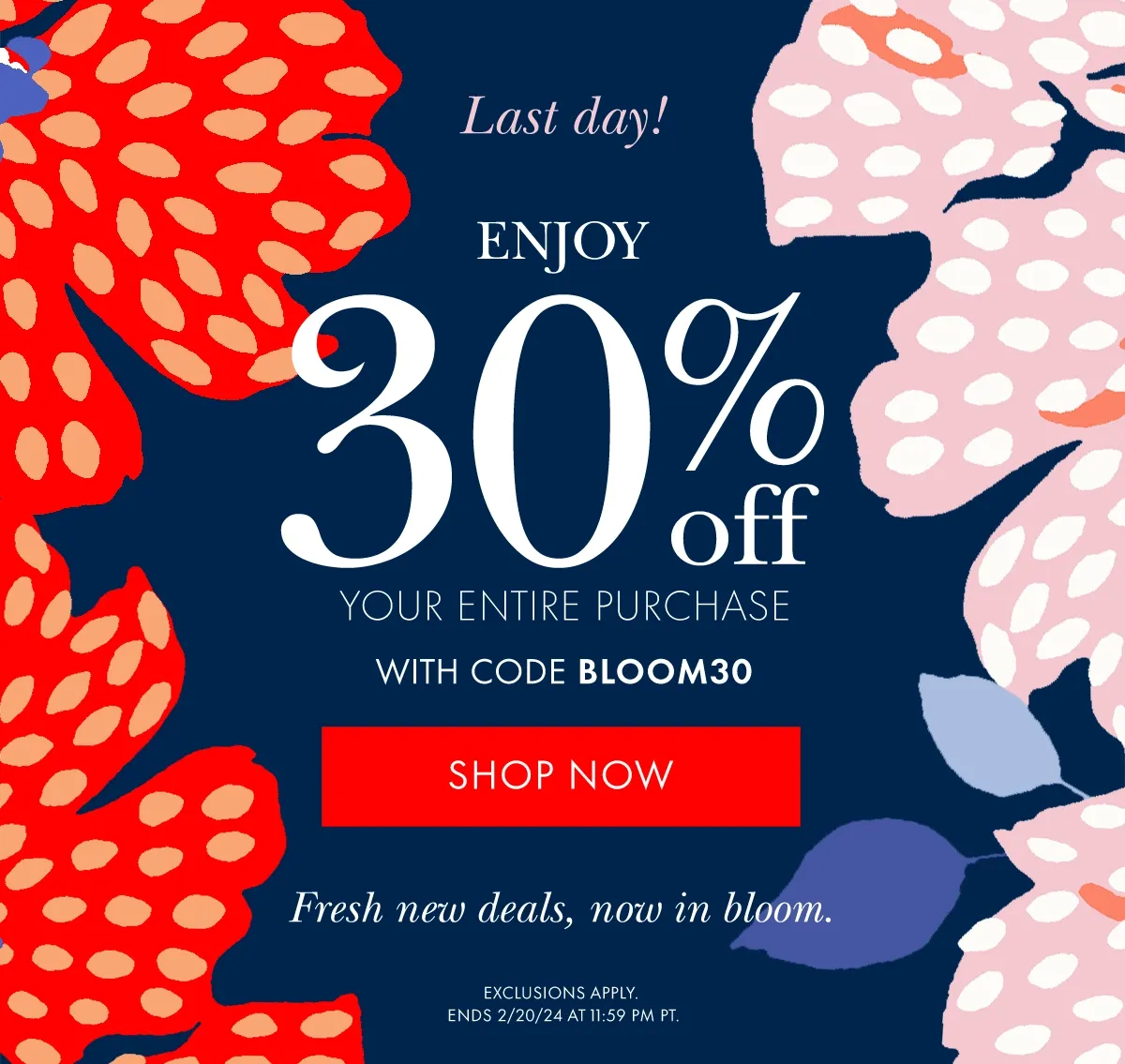 Last Day! Enjoy 30% Off Your Entire Purchase With Code discount code