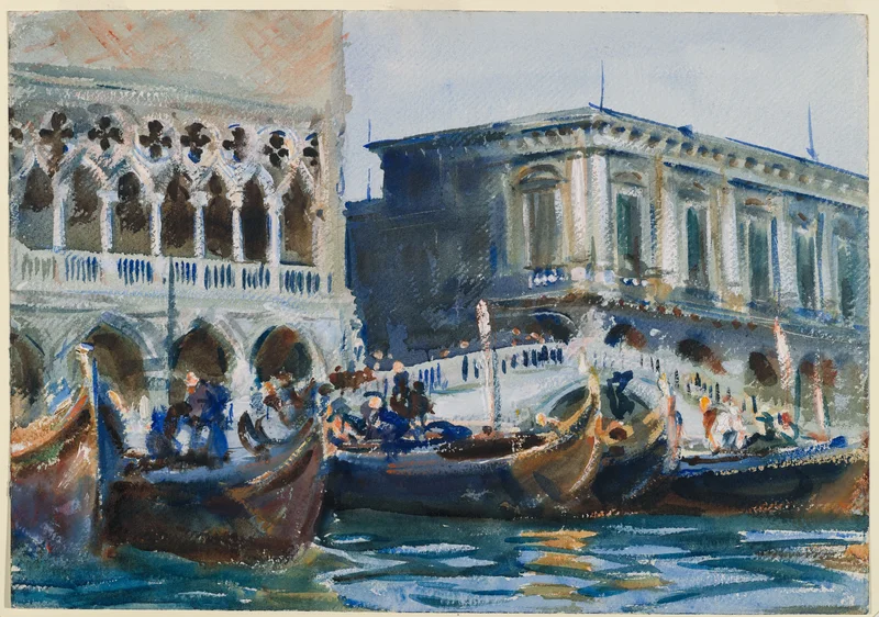 A painting of boats on a canal