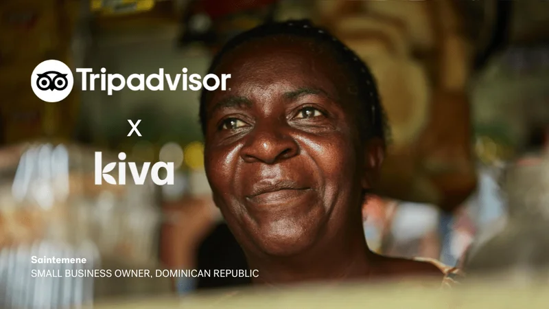 Image description: Image of Kiva lender with Tripadvisor x Kiva partnership copy overlay