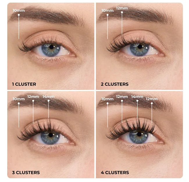 Four side-by-side images showing lash looks built with one, two, three, and four Cry Baby lash clusters.