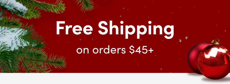 Red holiday banner with snowy pine branches and red ornaments with white text that reads, "Free Shipping on orders $65+".