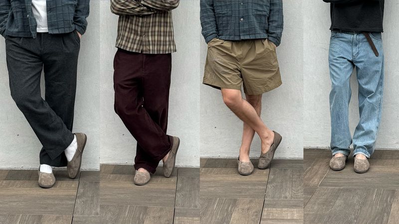 GQ contributor Reed Nelson wearing his Stoffá slippers four different ways.
