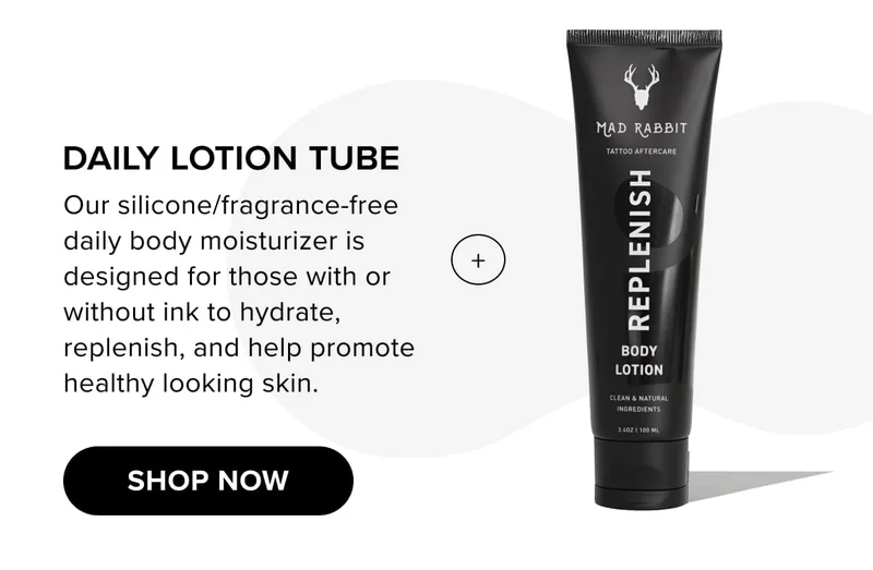 Daily lotion tube | Our silicone/fragrance-free daily body moisturizer is designed for those with or without ink to hydrate, replenish, and help promote healthy looking skin. | shop now