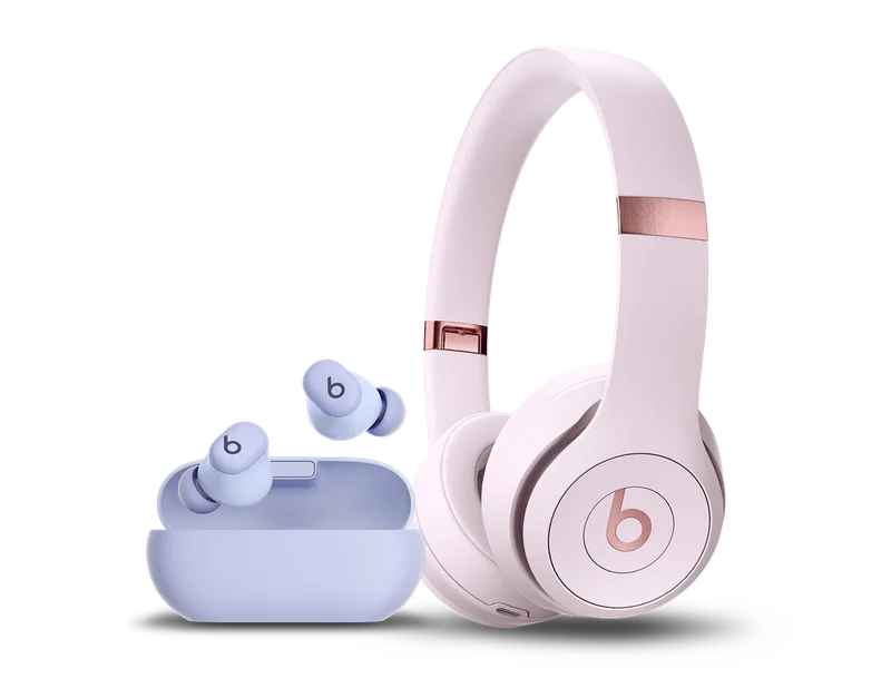 Beats Solo Buds in Arctic Purple and Beats Solo 4 in Cloud Pink