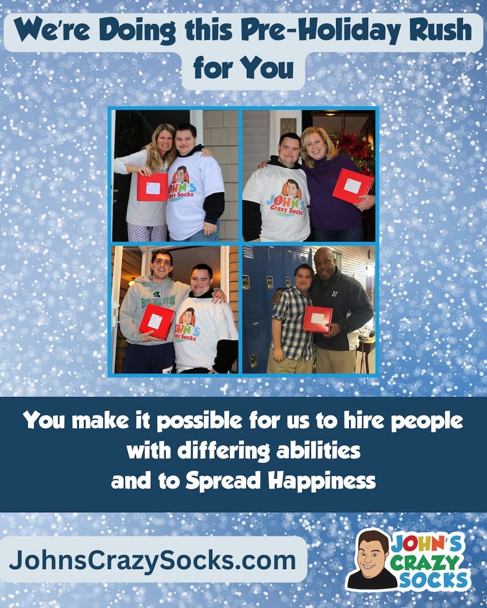 a poster with a picture of John and Mark reminding folks that they get free socks with every order of $50gifts