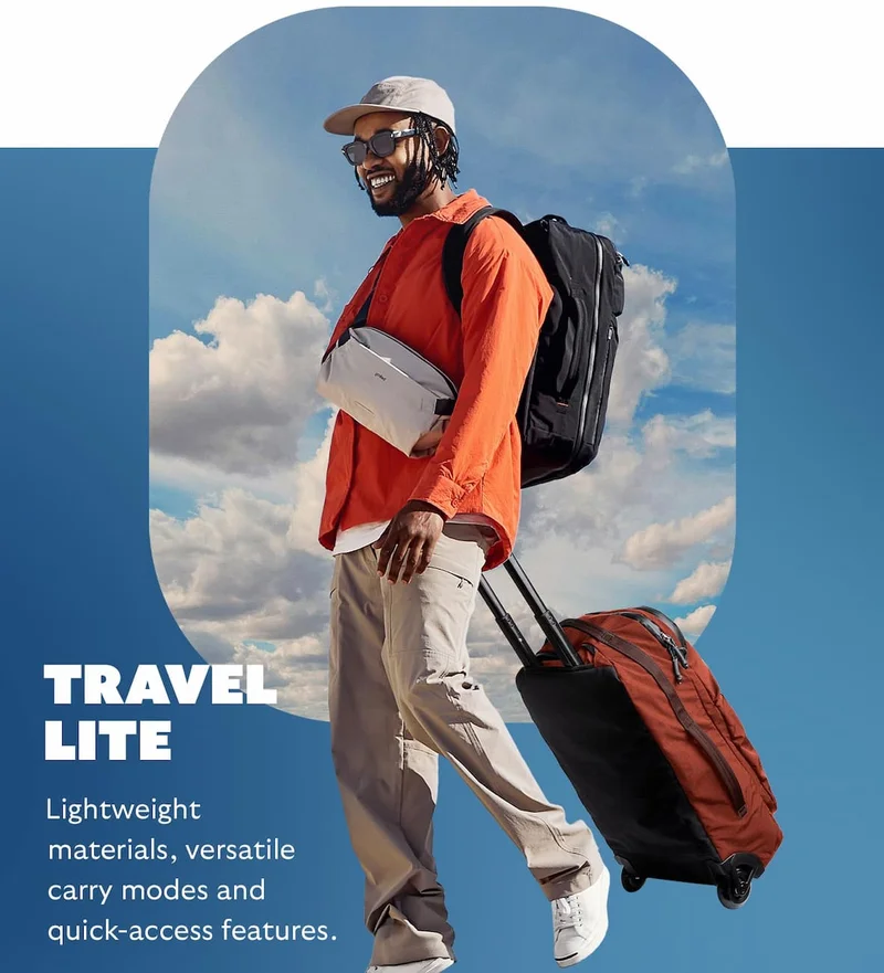 Travel Lite. Lightweight materials, versatile carry modes and quick-access features.