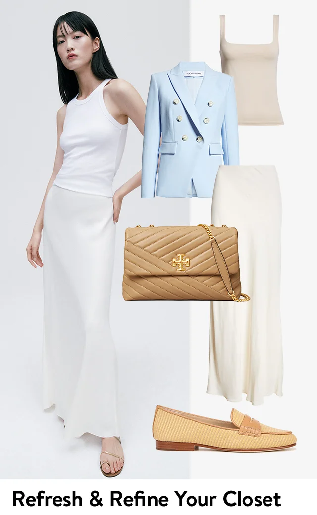 A woman wearing a tank top and slip skirt next to a collage of new spring wardrobe essentials.