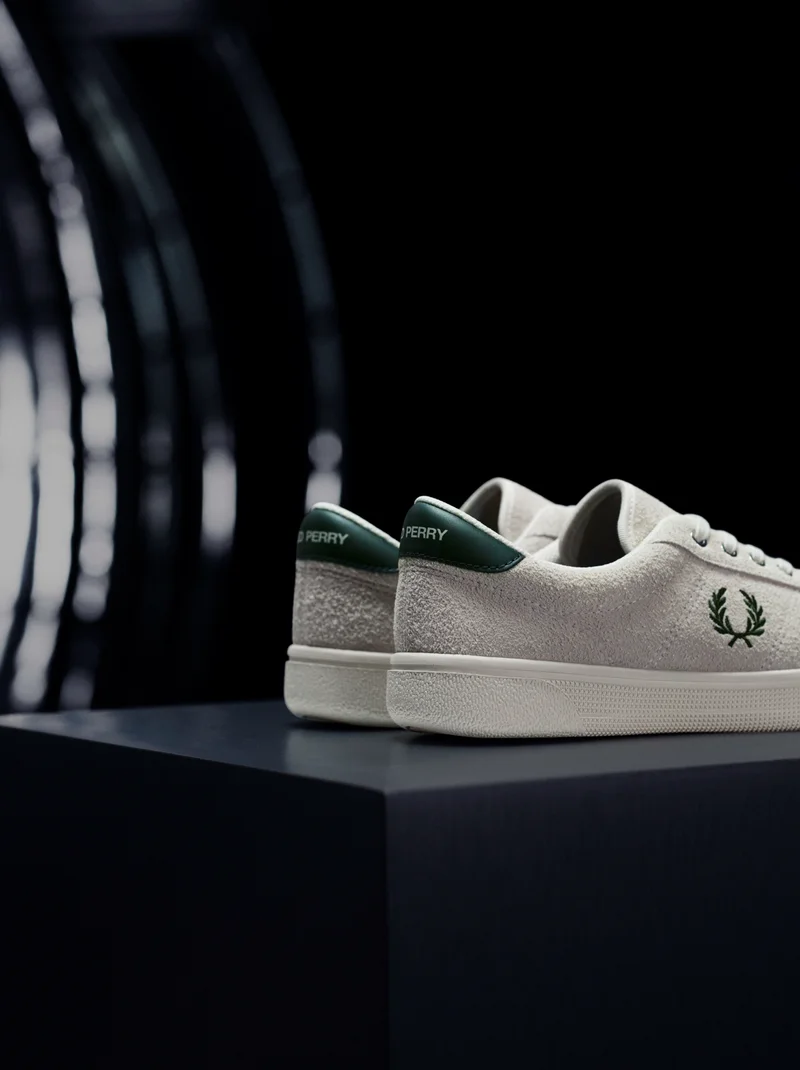 Close up of the Fred Perry Tennis Shoe in Ecru