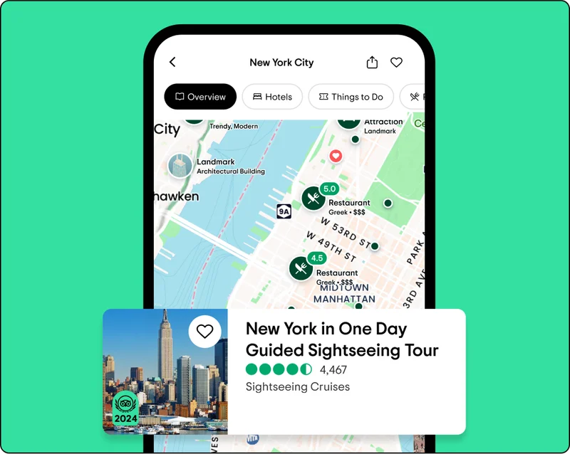 Image Description: Phone screen shows a map of New York City with different icons for restaurants and attractions. A pop out shows a guided sightseeing tour of NYC.