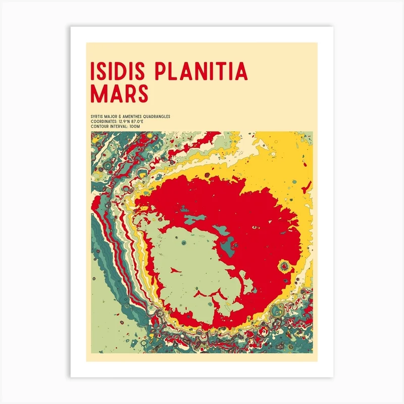 Image of Isidis Planitia Mars (Perseverance Landing Site) Topographic Contour Map Art Print