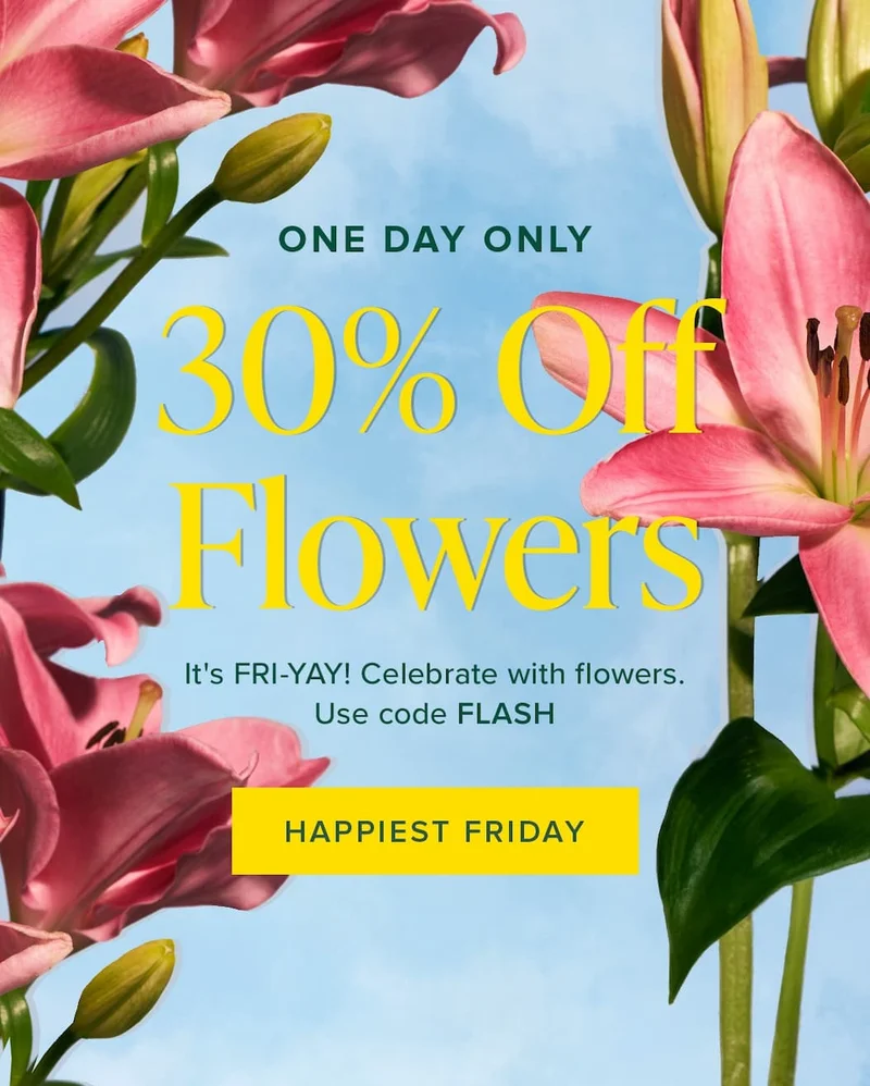 One Day Only: 30% Off Flowers. It's FRI_YAY! Celebrate with flowers. Use code discount code