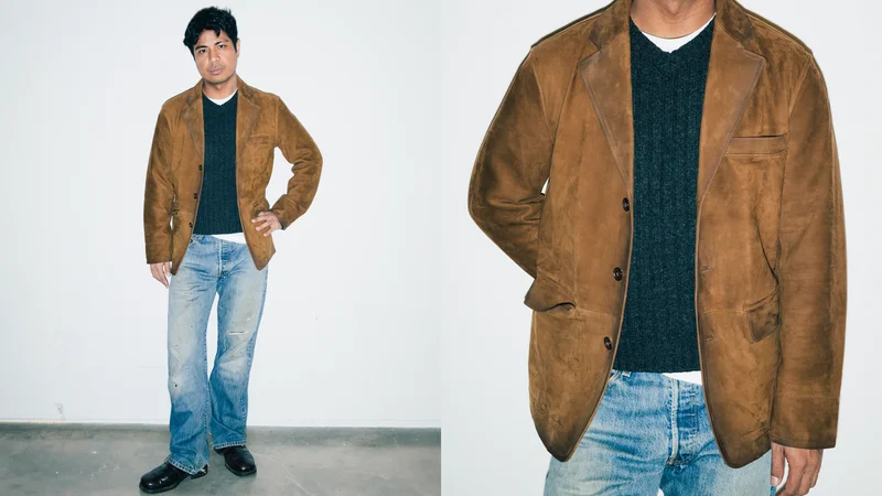 GQ staffer Gerald Ortiz wearing a Banana Republic leather blazer.
