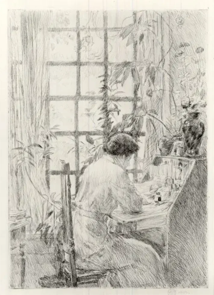 Drawing of a woman seated at a desk in front of a large window