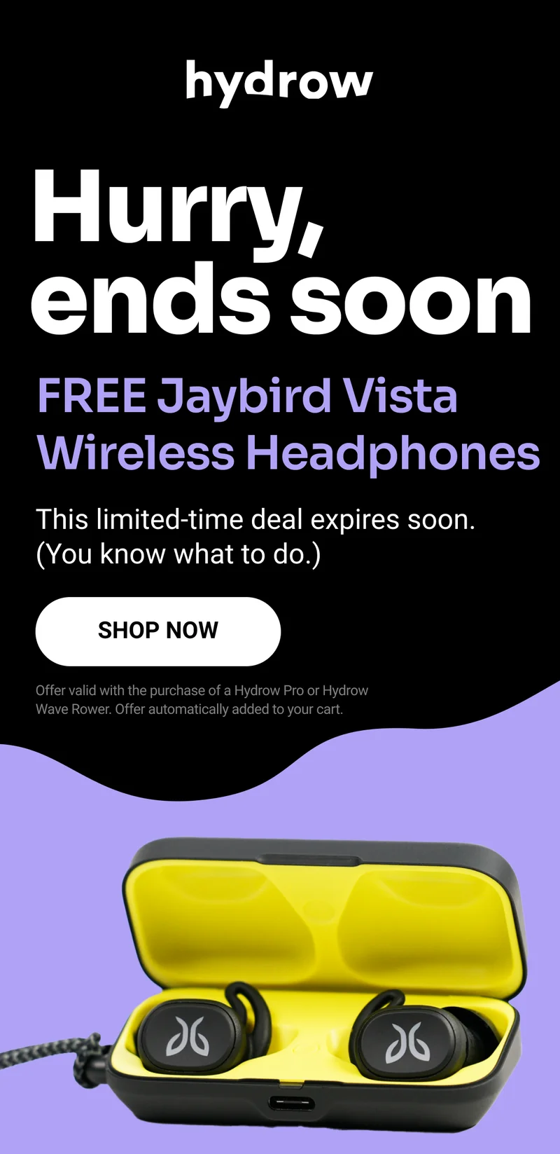 Hurry, ends soon. FREE Jaybird Vista Wireless Headphones. This limited-time deal expires soon. (You know what to do.) Shop Now. Offer valid with the purchase of a Hydrow Pro or Hydrow Wave Rower. Offer automatically added to your cart.