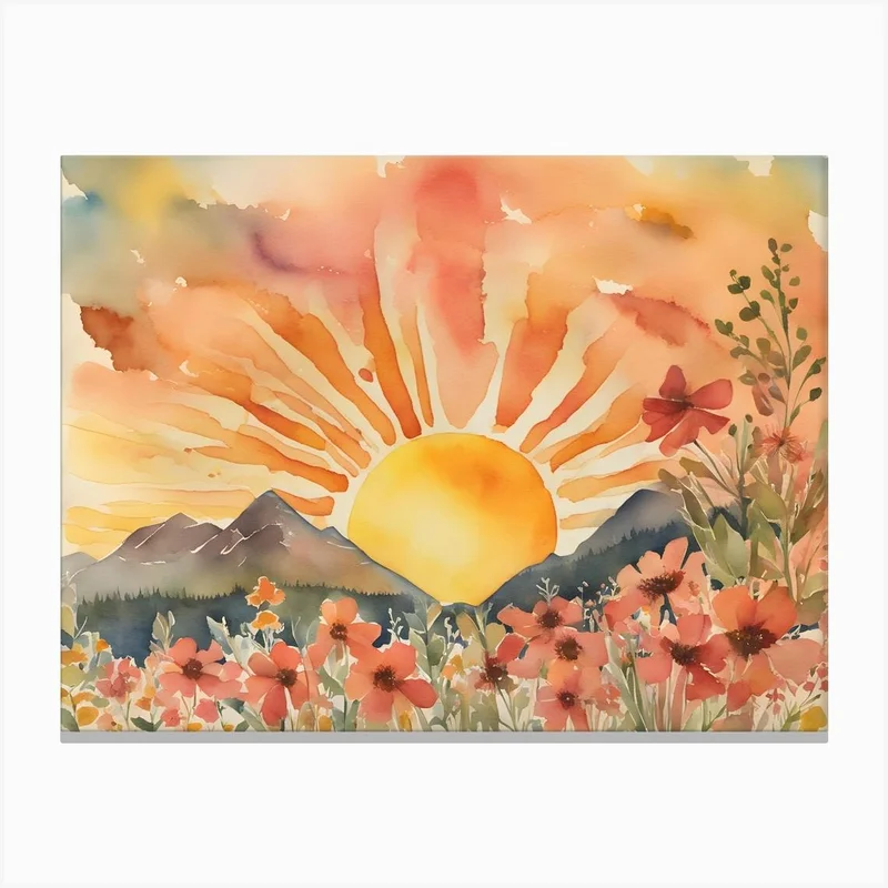 Image of Sunset in the Mountains, Boho Landscape, Wildflowers Canvas Print
