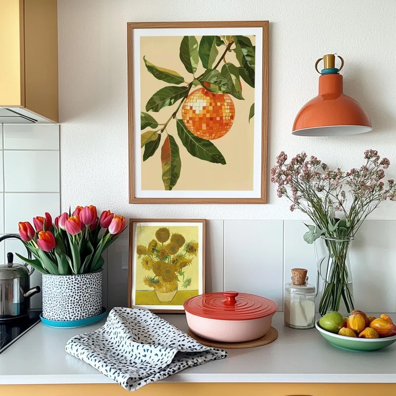 Image of Disco Ball In Orange Tree Green Leaves Kitchen Art Print