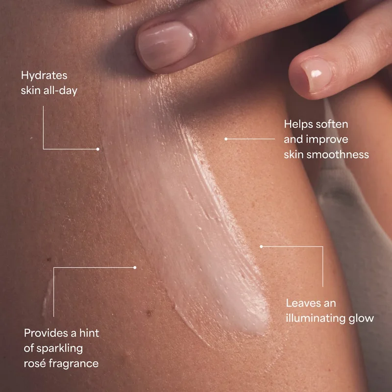 ⚈ Hydrates skin all-day ⚈ Helps soften and improve skin smoothness ⚈ Leaves an illuminating glow ⚈ Provides a hint of sparkling rosé fragrance