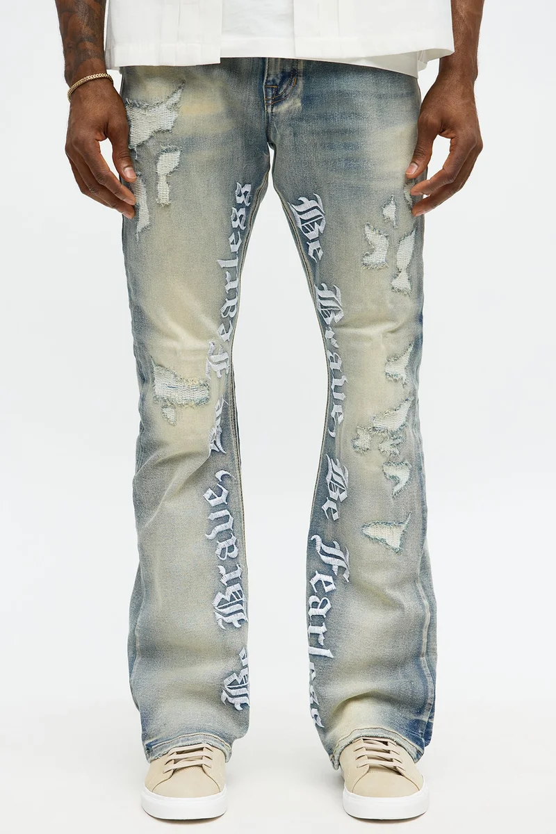 Image of Stacked Skinny Flare Be Brave Be Fearless Embridered Jean - Vintage Blue Wash