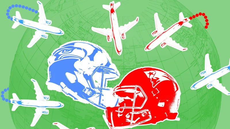 Image may contain: Helmet, Aircraft, Airplane, Transportation, Vehicle, Airliner, American Football, Football, and Person