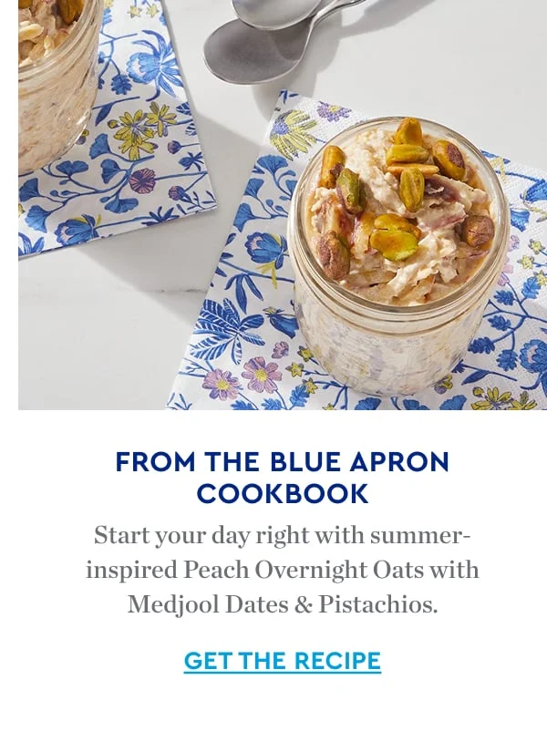 FROM THE BLUE APRON COOKBOOK | Start your day right with summer inspired Peach Overnight Oats with Medjool Dates & Pistachios.