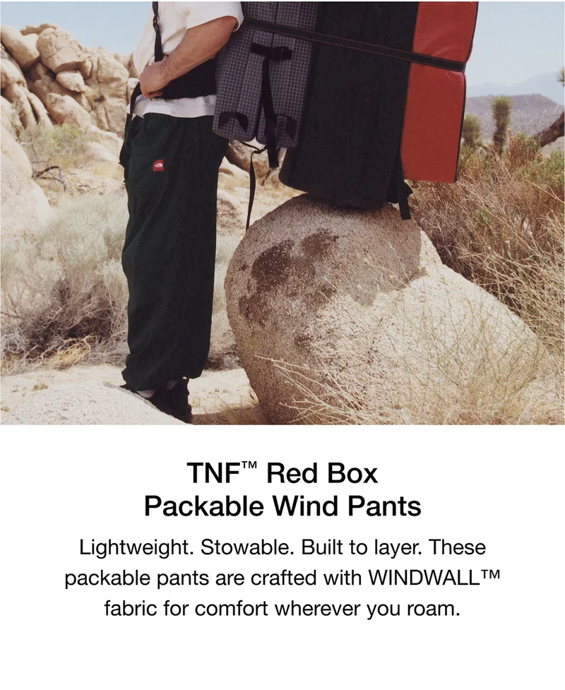Red Box Packable Wind Pants Lightweight. Stowable. Built to layer. These packable pants are crafted with WINDWALL fabric for comfort wherever you roam.