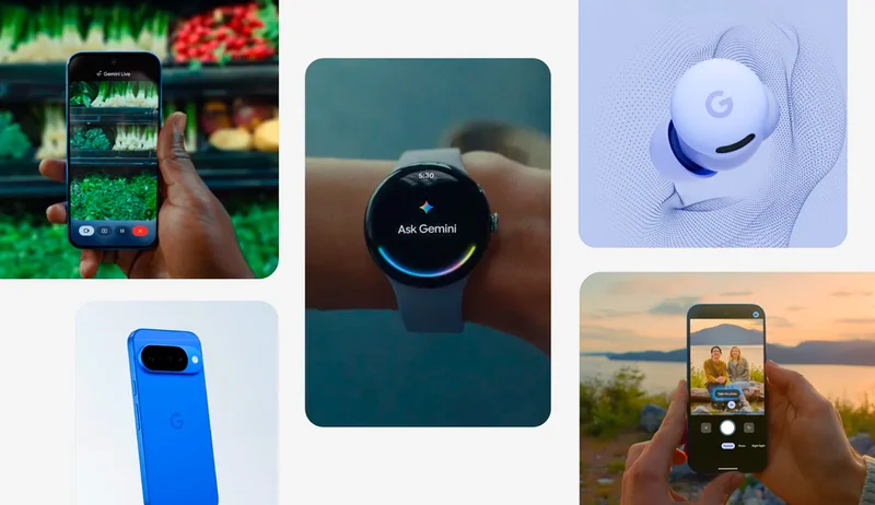 A collage of Google Pixel products, including a phone, watch, and earbuds, in various lifestyle settings.