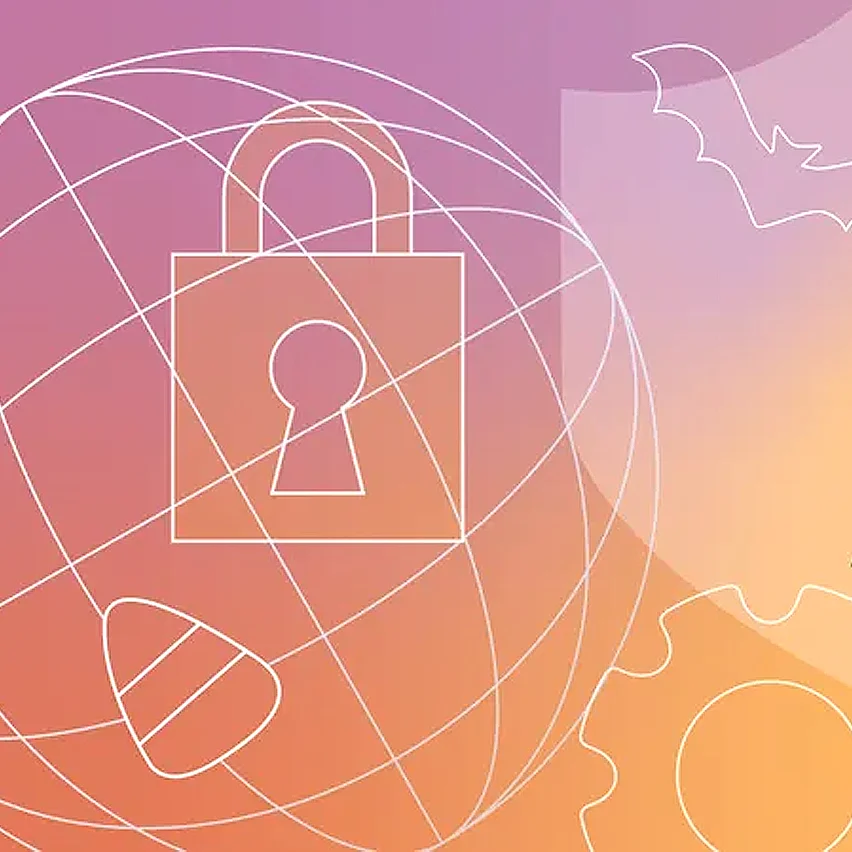 A graphic illustration of a padlock over a globe, surrounded by Halloween-themed icons like a bat and candy corn, on a purple and orange gradient background.