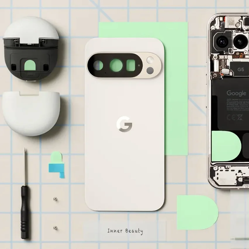 A disassembled white Google Pixel phone and earbuds laid out on a repair mat with tools.