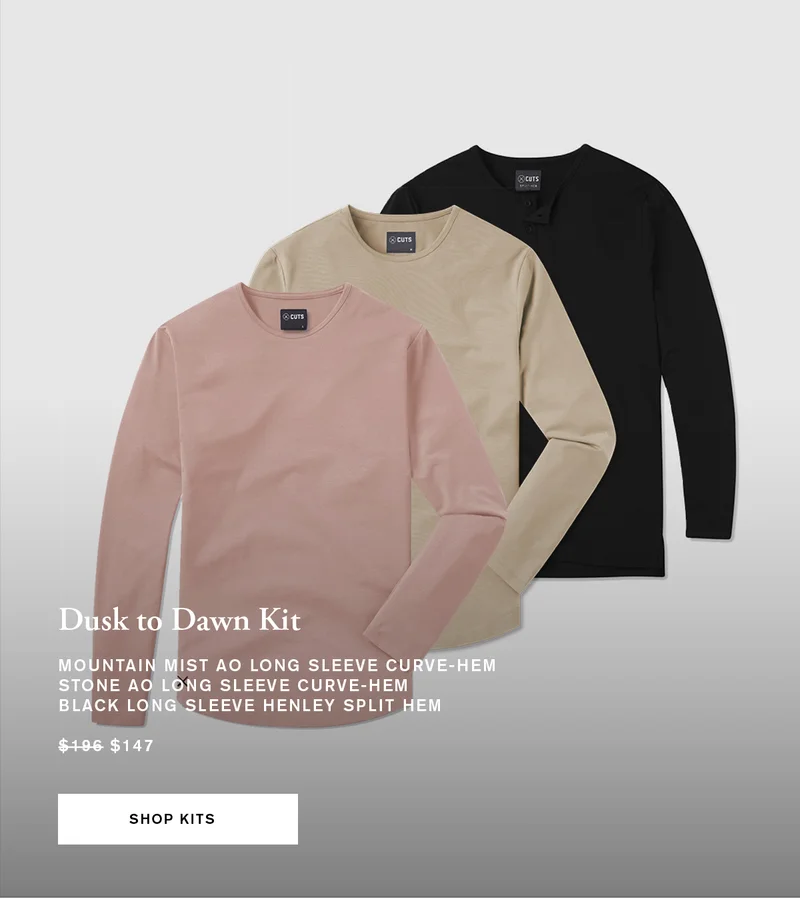 Dusk to Dawn Kit | MOUNTAIN MIST AO LONG SLEEVE CURVE-HEM, STONE AO LONG SLEEVE CURVE-HEM, BLACK LONG SLEEVE HENLEY SPLIT HEM | WAS $195 NOW $147 | SHOP NOW
