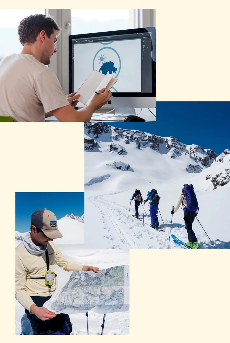 A person on a computer. Three people skiing up a mountain. A person looking at a map.