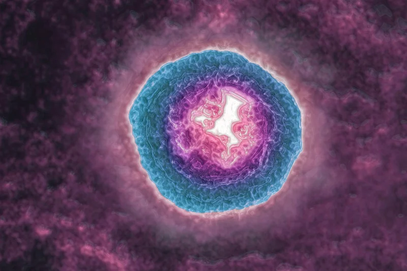 Alt text:
This color-enhanced Transmission Electron Micrograph (TEM) shows the varicella-zoster virus (VZV), a virus in the Herpesviridae family that causes chickenpox in children and shingles (herpes zoster) in adults.