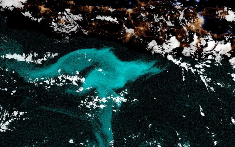 Satellite imagery of visible light for a nighttime scene near Java, Indonesia, collected by the National Oceanic and Atmospheric Administration. Highlighted in blue, the image shows what scientists think to be a 38,000 square foot milky seas incident.