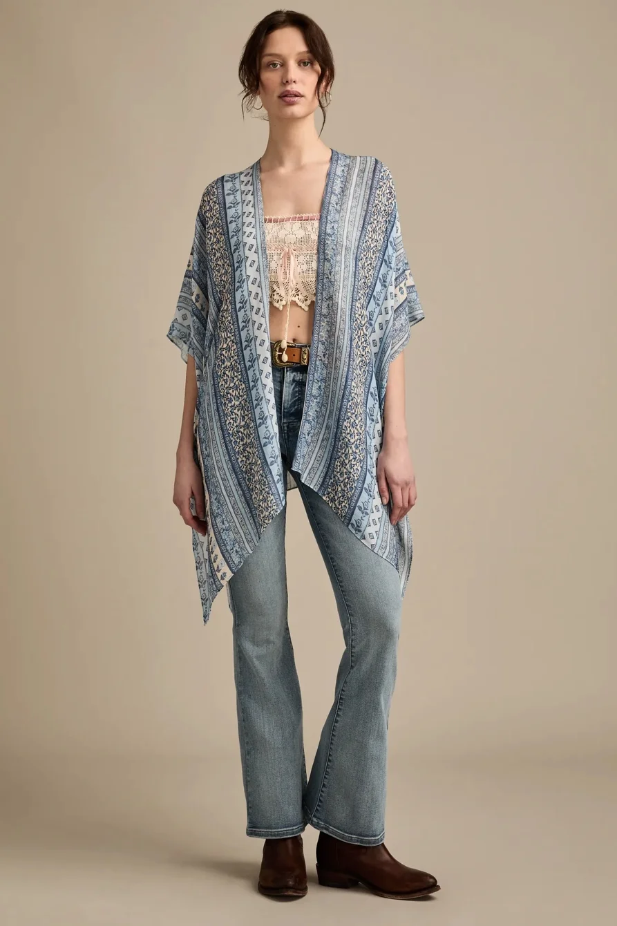 Image of Lucky Brand Easy Printed Kimono - Women's Clothing Outerwear Kimono Tops Shirts in Black Multi