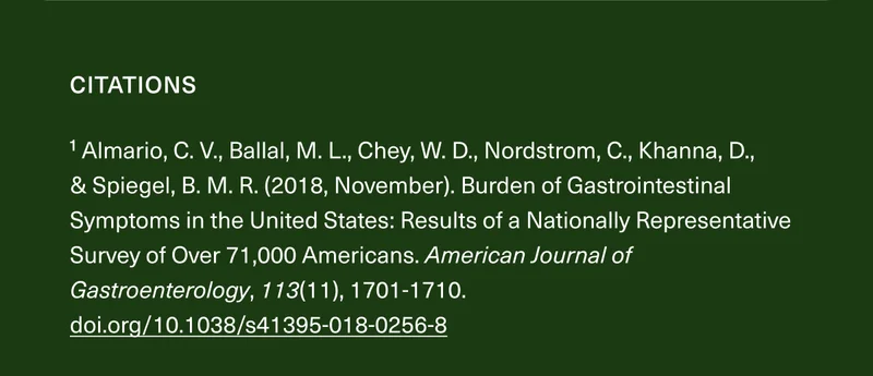 Citations 1 Almario, C. V., Ballal, M. L., Chey, W. D., Nordstrom, C., Khanna, D., & Spiegel, B. M. R. (2018, November). Burden of Gastrointestinal Symptoms in the United States: Results of a Nationally Representative Survey of Over 71,000 Americans. American Journal of Gastroenterology, 113(11), 1701-1710. doi.org/10.1038/s41395-018-0256-8
