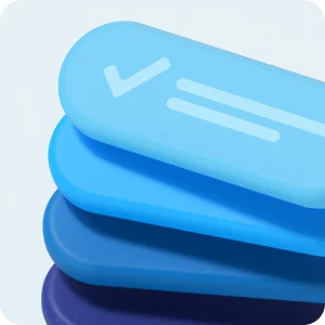 Stacked blue tiles with a checkmark