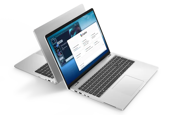 Two Dell Pro 16 Plus Laptop​s arranged back to back.