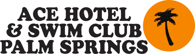 Logo of Ace Hotel & Swim Club in Palm Springs, featuring bold, uppercase text alongside a graphic of a palm tree inside an orange circle.