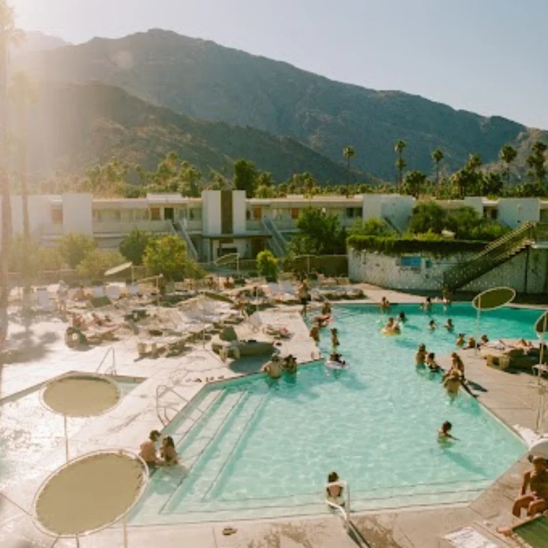 Sunlit image of Ace Hotel Palm Springs pool area bustling with guests enjoying the water and lounge chairs, with palm trees and mountains in the background.