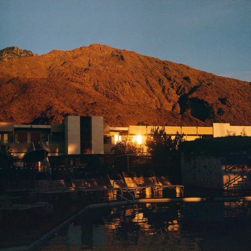 Sunlit image of Ace Hotel Palm Springs pool area bustling with guests enjoying the water and lounge chairs, with palm trees and mountains in the background.