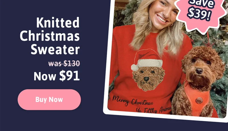 Custom Knitted Pet Face Christmas Sweater. Was $130. Now $91. Save $39! Buy Now.